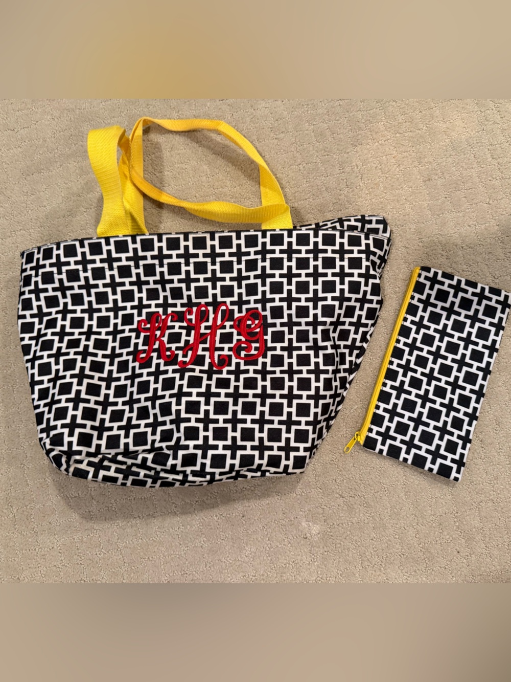 Black & White Geometric Tote with Yellow Handles and Matching Pouch